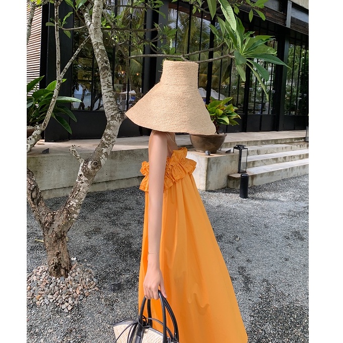 váy đi biển 2 dây bèo ngực , đầm maxi 2 dây dáng dài màu cam trẻ trung, xinh xắn