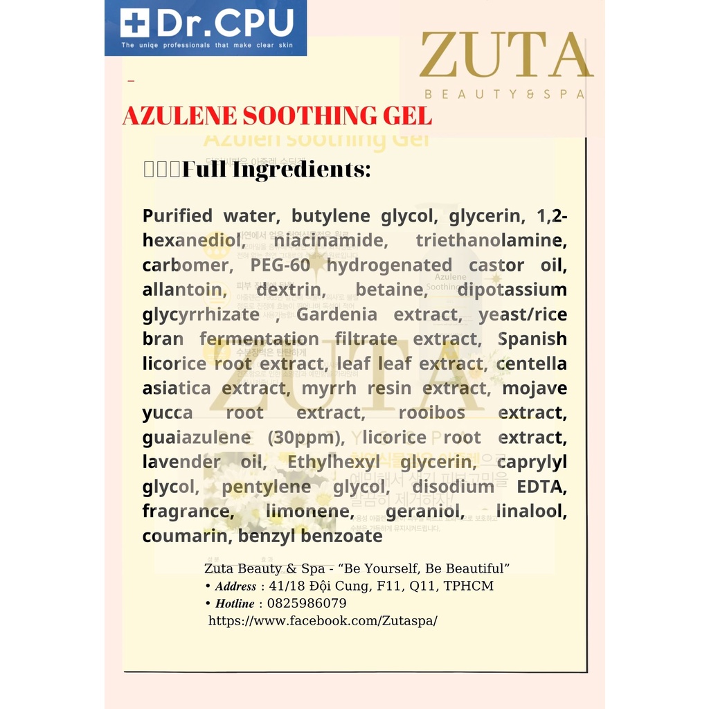 Gel phục hồi da, mask trắng da dịu mát  Azulene, B3, tinh chất rau má centella Dr Cpu