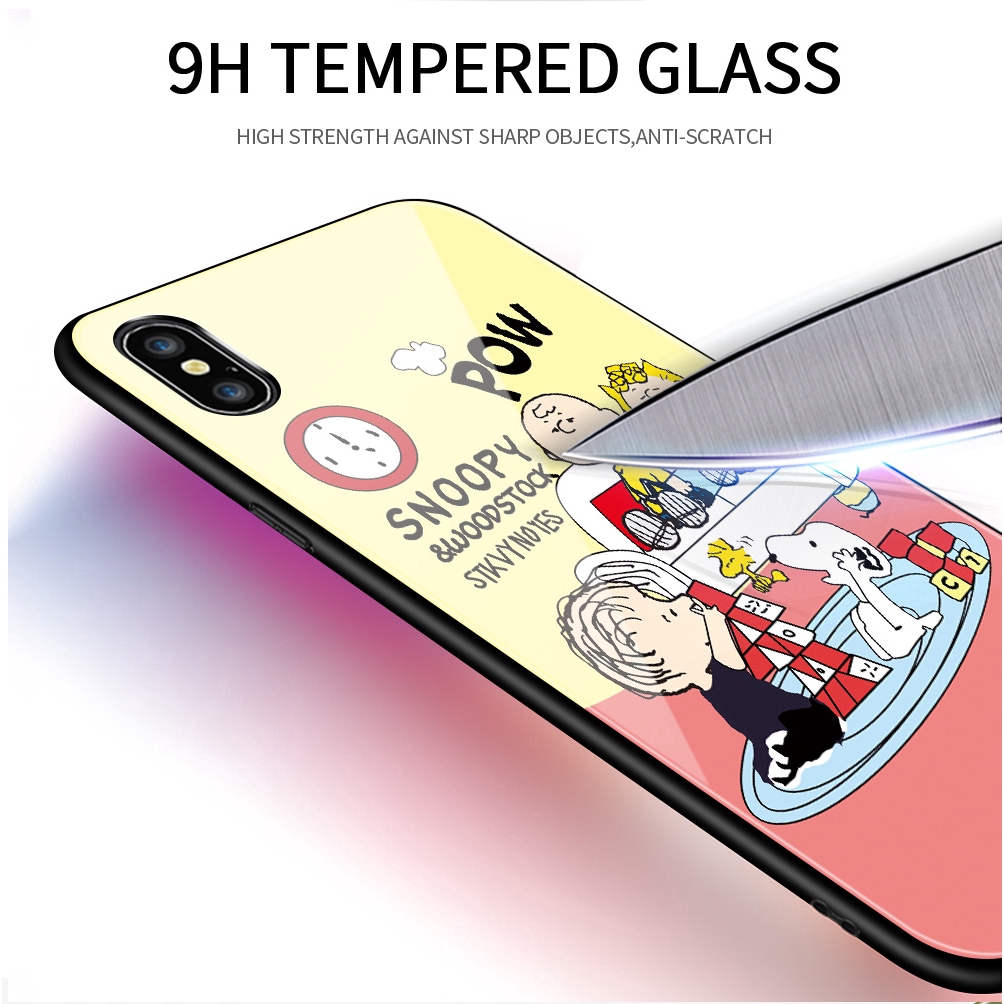 OPPO A9 2020 A5 2020 A92 A52 A92 A52S A71 A71K A31 A73 A75 A75s A83 A91 Phone Case Peanuts Anime Charlie Brown Snoopy Cute Cartoon Casing for Glossy Tempered Glass Back Hard Cover Shockproof Cases Ốp điện thoại kính cường lực In Hình cứng Ốp lưng cho