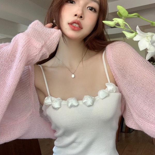 【ZHELIHANGFEI】 / Áo Hai Dây Dệt Kim Họa Tiết Hoa Hồng Ba Chiều Gợi Cảm