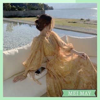 Đầm maxi vàng cut eo voan tơ tay dài