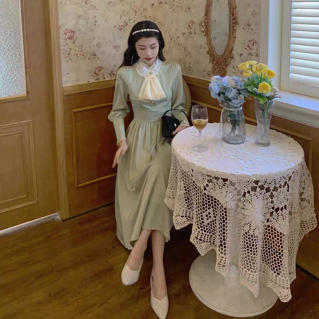 VÁY VINTAGE CỔ NƠ REN CÚC NGỌC,váy xoè nơ cổ,dáng chữ A | BigBuy360 - bigbuy360.vn