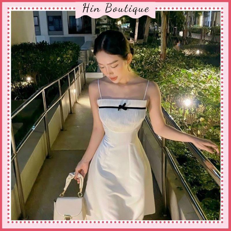 Váy 2 dây tiểu thư thắt nơ ngực sang chảnh, đầm hai dây chữ A chiết eo tôn dáng