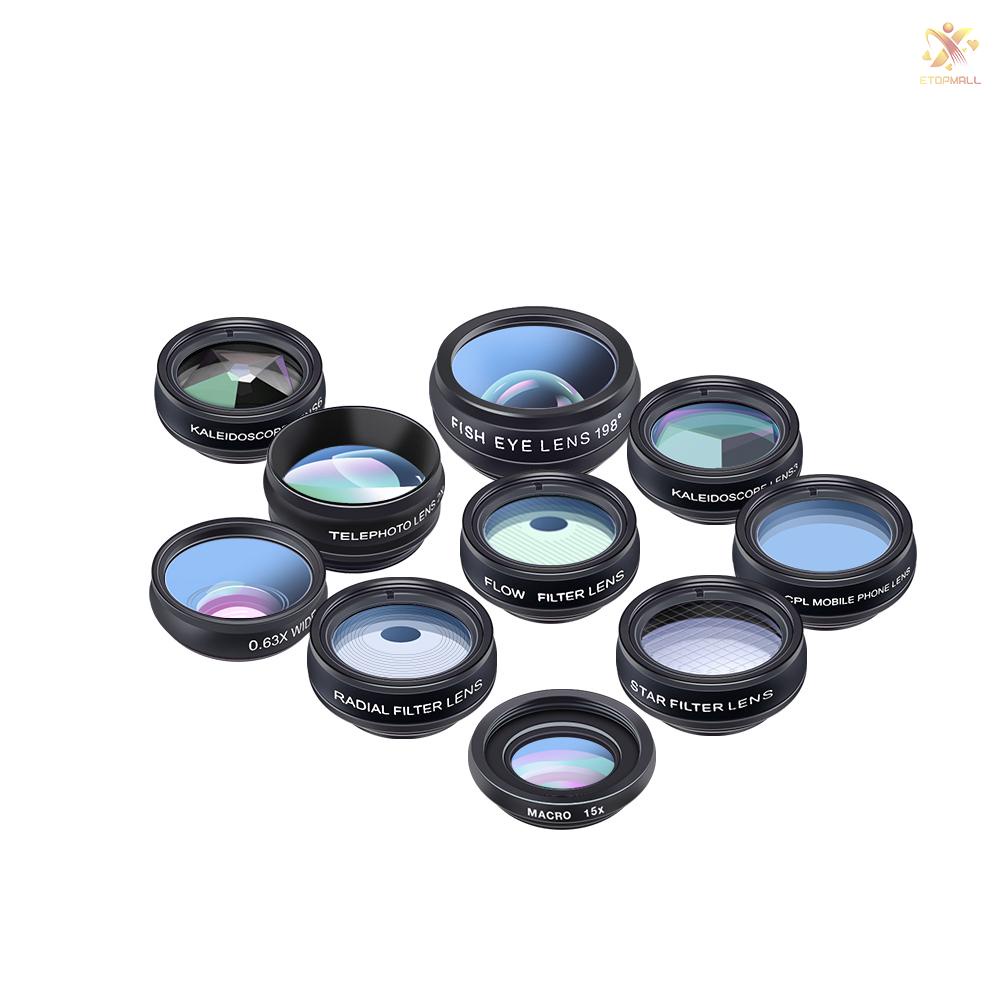 ET APEXEL 10 in 1 Phone Camera Lens Kit with 0.63X Wide Angle + 15X Macro + 198°Fisheye + 2X Telephoto + CPL + Star Filter + Radial Filter + Flow Filter + Kaleidoscope 3 + Kaleidoscope 6 Compatible with Android