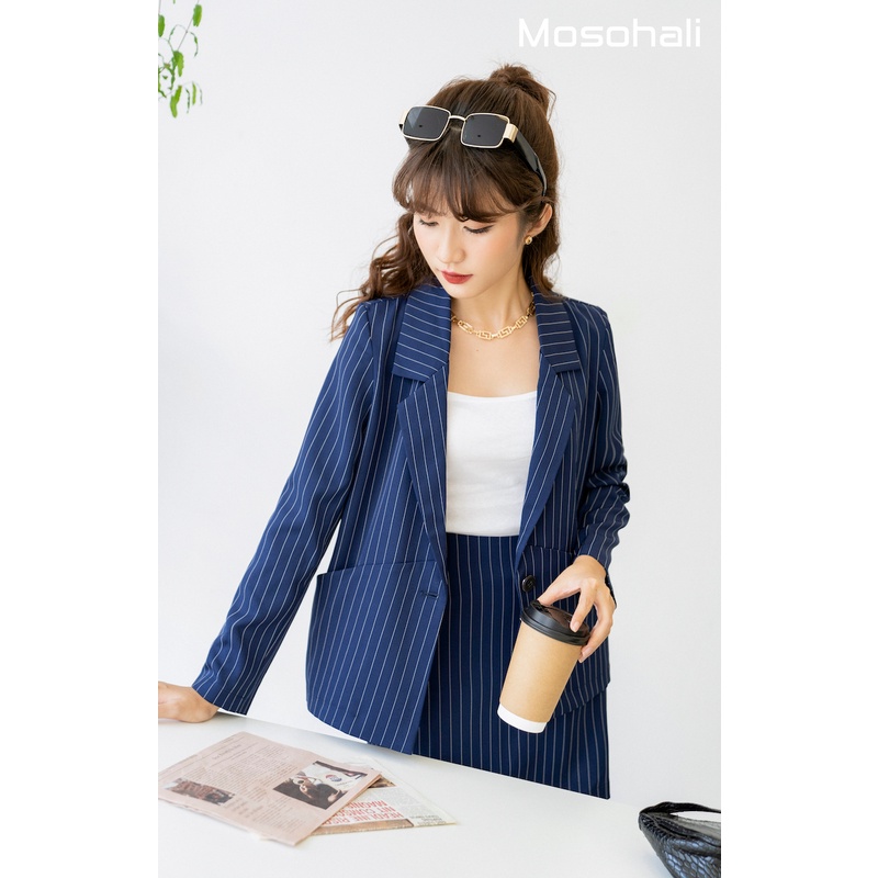 [HÀNG CÓ SẴN] Set vest blazer nữ thiết kế Kenzi áo vest + Chân váy kẻ xanh hàng thiết kế mosohali