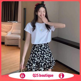 Set bộ cúc hoạ mi chân váy mix áo thun daisy trắng đen ulzzang - chân váy đuôi cá ngắn hoa cúc xoè màu đen hot hit