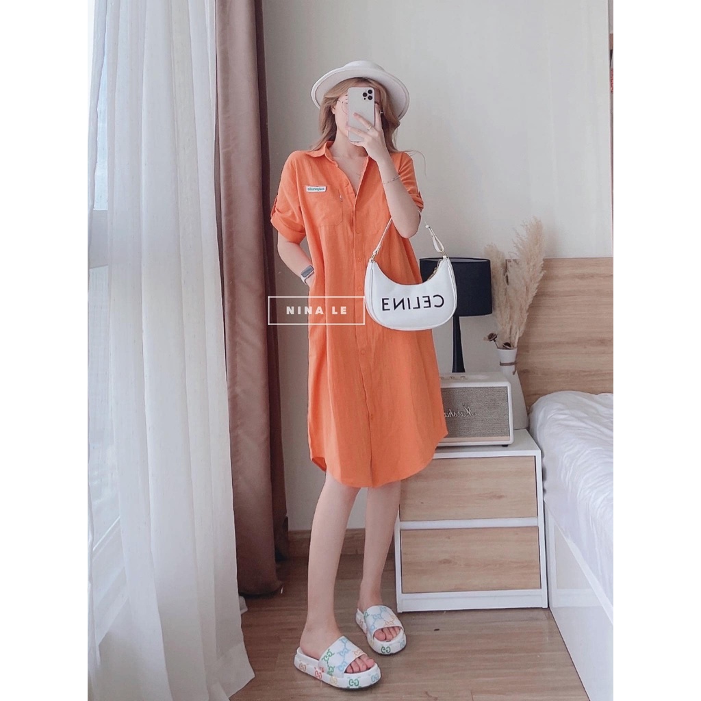 Váy đầm nứ sơ mi dáng xuông mickey tay lỡ thất thô hàn mềm mát hàng L1