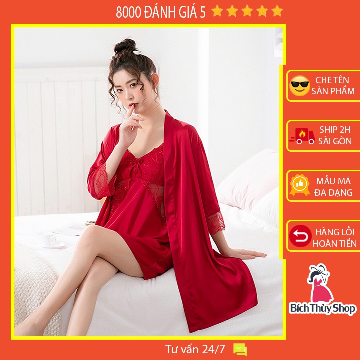 Set ngủ lụa sexy Váy ngủ ren xuyên thấu eo có mút ngực kèm áo choàng ngủ lụa kiểu kimono màu đỏ quyến rũ