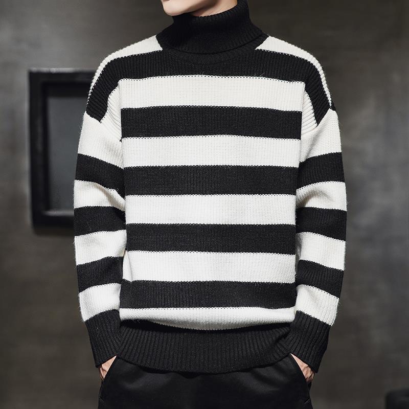 Áo Sweater cổ lọ kẻ sọc trắng đen thời trang thu đông cho nam giới
