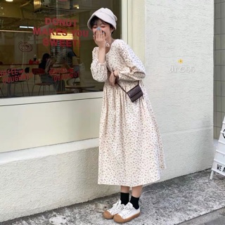 Váy babydoll hoa nhí vintage cute form rộng tay dài dáng dài thắt nơ siêu xinh mang đi học đi chơi đi du lịch