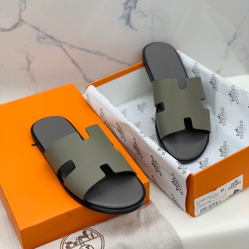 Dép lê quai ngang Hermes Xám đế gỗ da bò LA on web fullbox