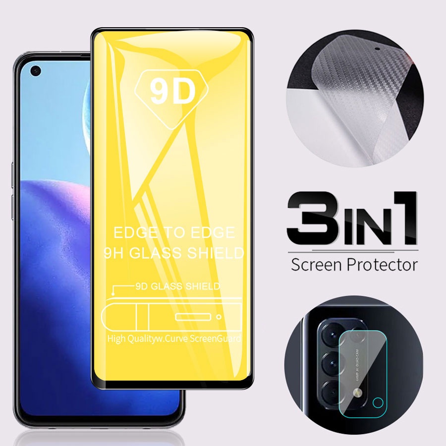 3 In1 Oppo F11 A9 F5 F7 F9 A53 A93 A15 A15s Reno 5 4G a3S A5 AX5 A5S AX5s A7 A12 Pro 9D Full Glue Tempered Glass +  Back Screen Protector Film + Camera Lens Protector