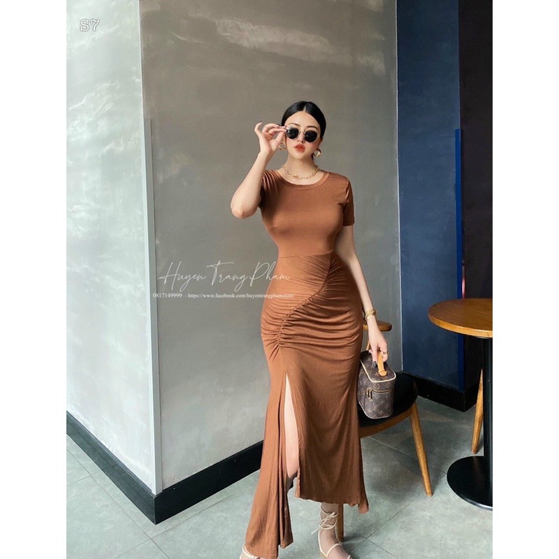 Đầm maxi body thun xẻ tà nhúng eo