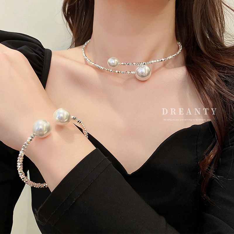 Dây Chuyền Hai Lớp Màu Bạc Đính Ngọc Trai Phong Cách Retro Thời Trang Mới