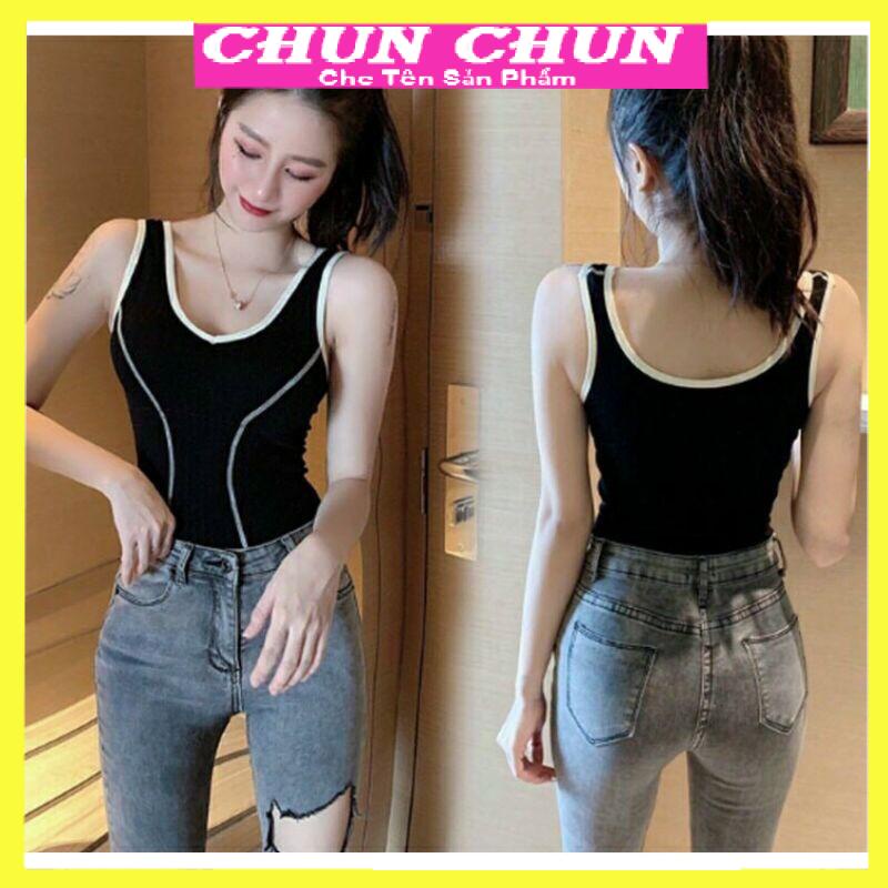Áo Bra màu đen thân dài kẻ sọc trắng, bra thân dài CHUN