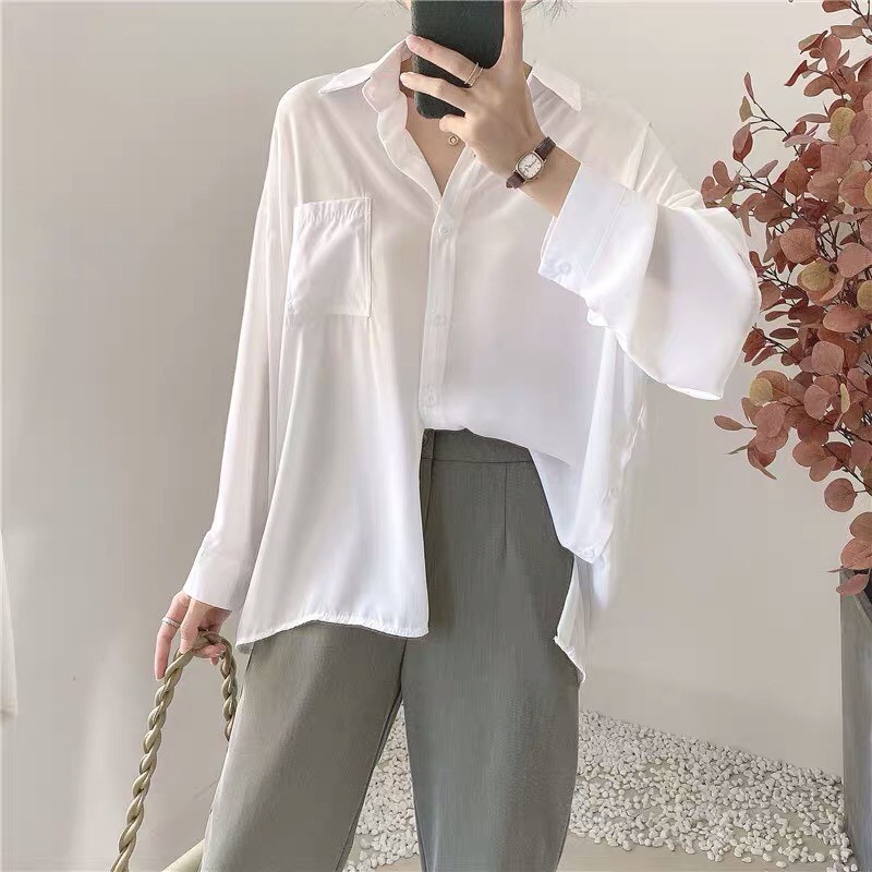 Áo Sơ Mi Nữ form rộng Lụa Hàn Kiểu Màu Trắng đẹp dài tay ulzzang vintage công sở