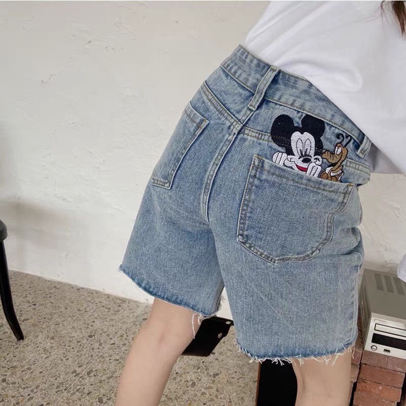 Quần Short Denim Lưng Cao Ống Rộng In Họa Tiết Hoạt Hình Thời Trang Cho Nữ