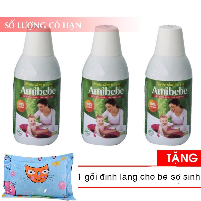 Bộ 3 nước tắm thảo dược cho trẻ Amibebe 250ml TẶNG 1 gối đinh lăng thảo dược họa tiết ngẫu nhiên