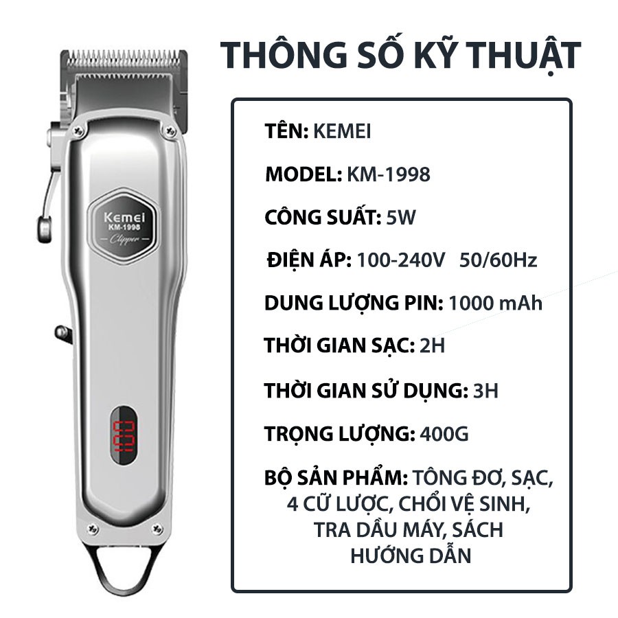 Tông đơ cắt tóc Kemei Km-1998 có màn hình LED hiển thị chuyên nghiệp dùng fade, tattoo tóc cho barber gia đình và trẻ em