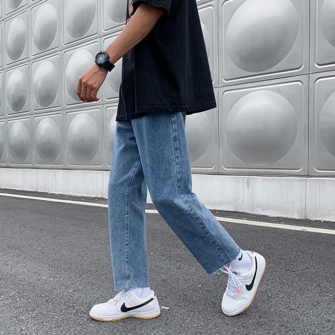 Quần jean baggy xanh nam, nữ rách gấu, ống rộng không phai màu - A03 🥇 ! ,