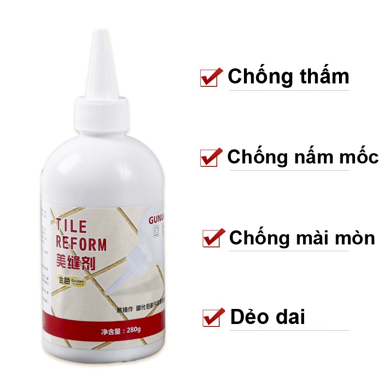 Keo bít lỗ hở gạch men,Keo chà Ron chỉ gạch,nhà tắm chống thấm và chống nấm mốc, Bạc ánh kim 280g chai lớn