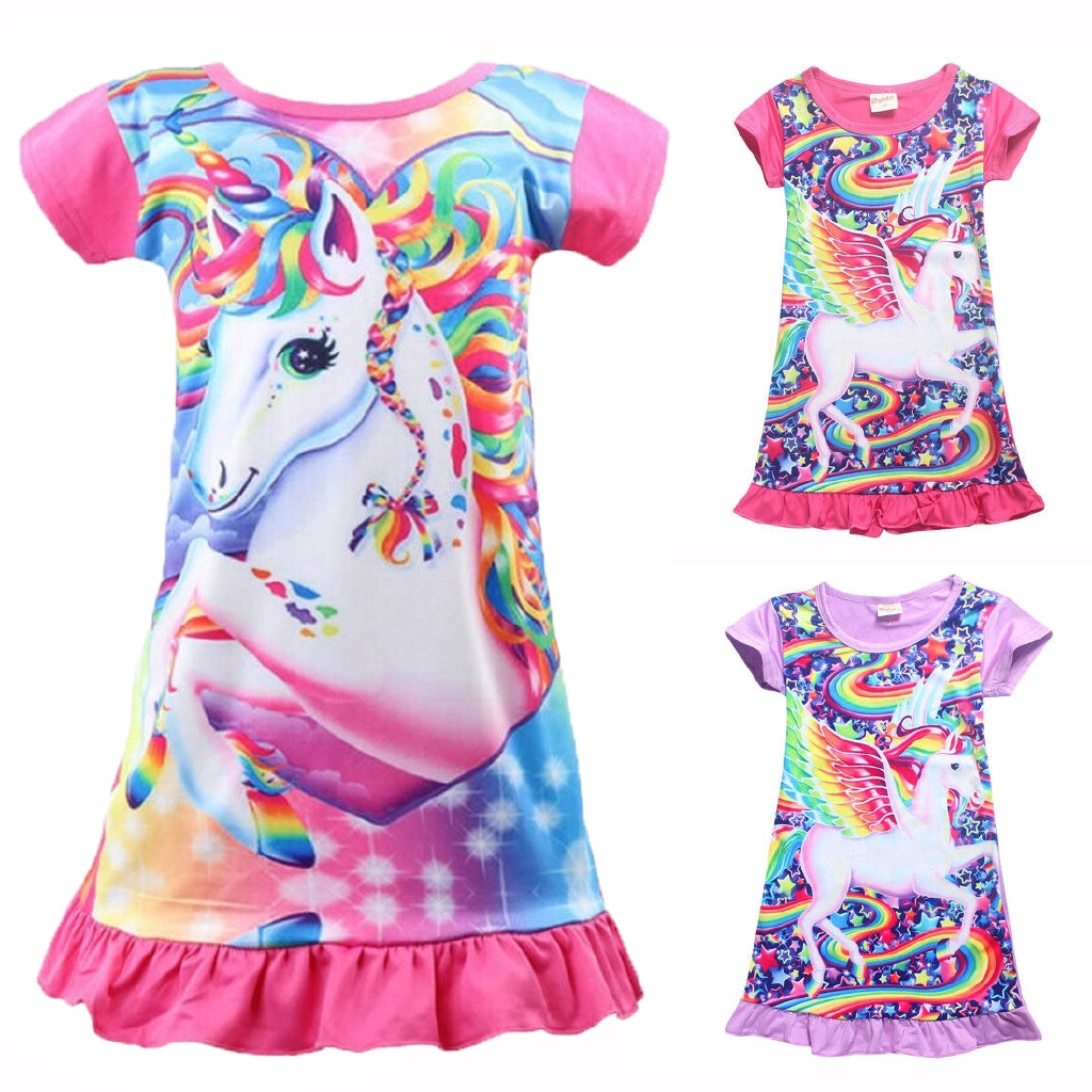 Kids Girl Unicorn Tunic Sleepwear Pajamas Nightwear T-shirt Skirt Casual Dress