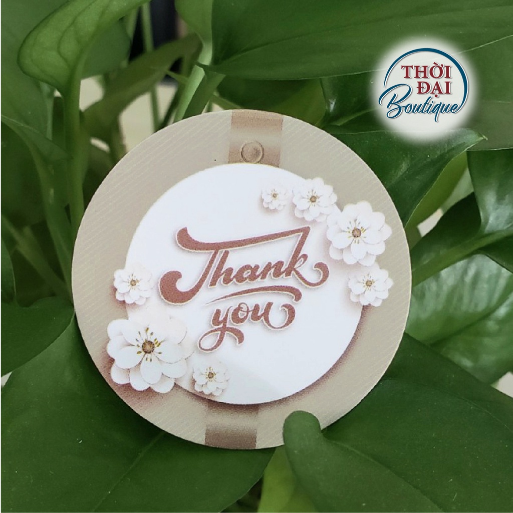 100 Tag Treo Giấy Thank You Beige Pastel Hoa Đào Sang Trọng Tròn 5cm