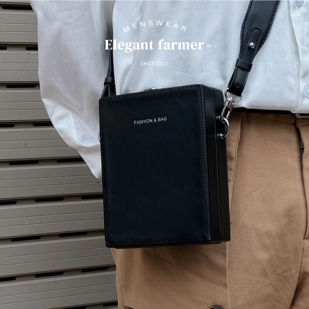 [MENSWEAR ELEGANT FARMER] Túi hộp vuông da TRƠN đeo chéo phong cách Hàn Quốc EF (288).