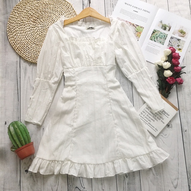 Đầm kiểu màu trắng tay dài Fillaa dress basic chất dày 2 lớp sau lưng bo chun thoải mái from chuẩn vải cotton theu