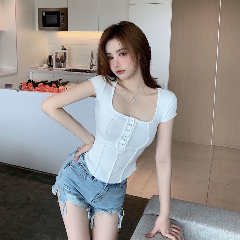 Áo thun COZOK ngắn tay cổ chữ u màu sắc đơn giản cho nữ