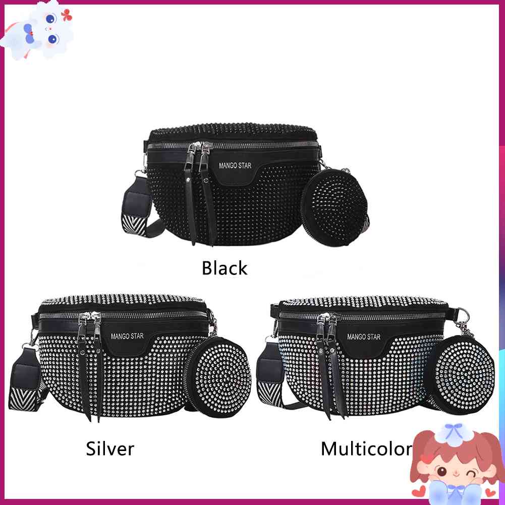 ✿Mars144✿Túi Đeo Chéo Ngực / Thắt Lưng Bằng PU Đính Đá Lấp Lánh Tinh Tế Cho Nữ✿