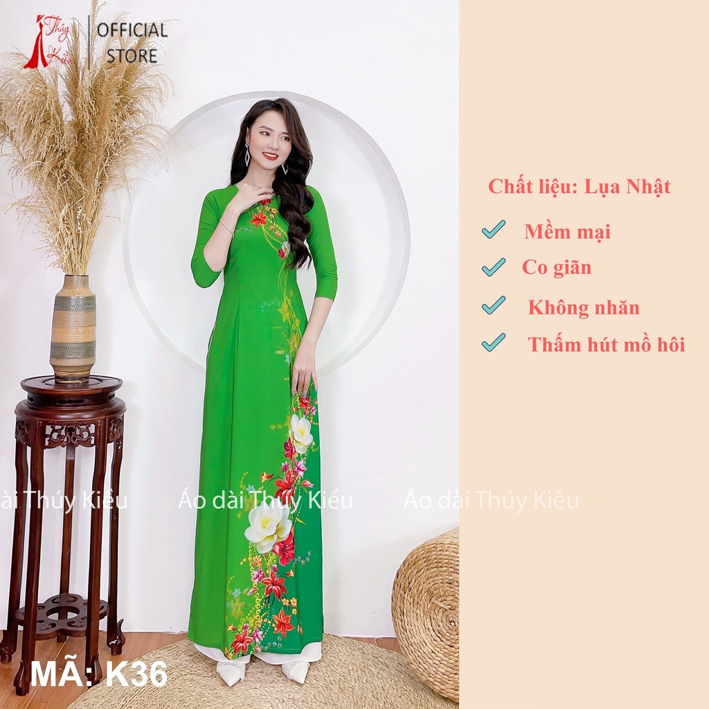 Áo dài may sẵn thiết kế nữ truyền thống đẹp cách tân tết nền xanh K36 mềm mại, co giãn, áo dài giá rẻ