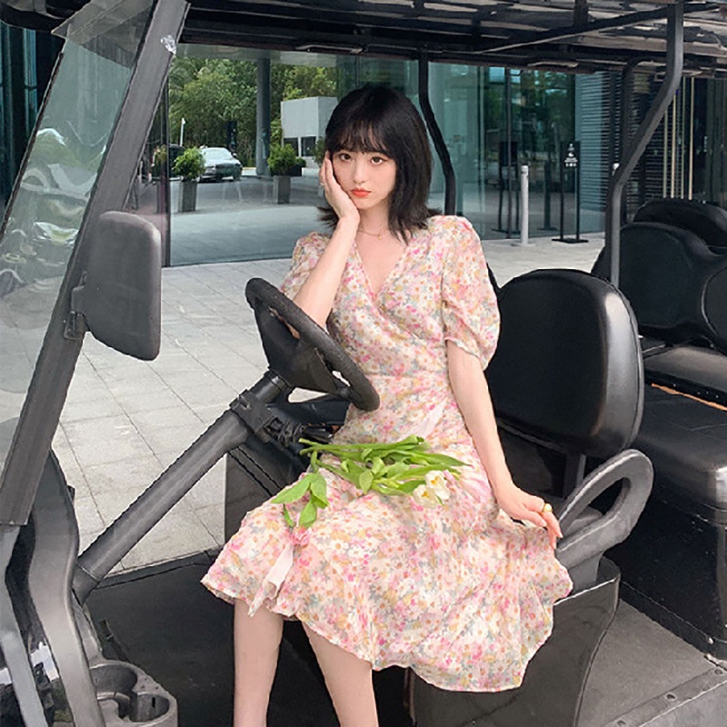 IELGY Đầm chiffon Dài Cổ Chữ V In Họa Tiết Tranh Sơn Dầu Phong Cách Hàn Quốc Thời Trang Mùa Hè Mới Cho Học Sinh