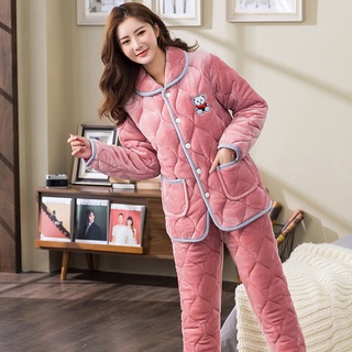 Bộ đồ ngủ cho phụ nữ mùa đông bộ đồ ngủ chần bông ba lớp màu san hô dày dặn cộng với nhung phục vụ nhà phù hợp với bộ đồ