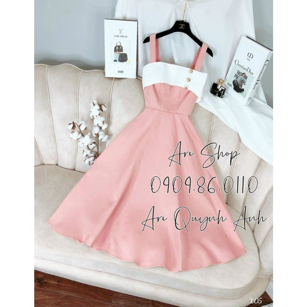 [Đầm free ship] Đầm công chúa đi dư tiệc cưới sang trọng dễ thương với thiết kế 2 dây có mút, đính khuy cúp ngực cá tính