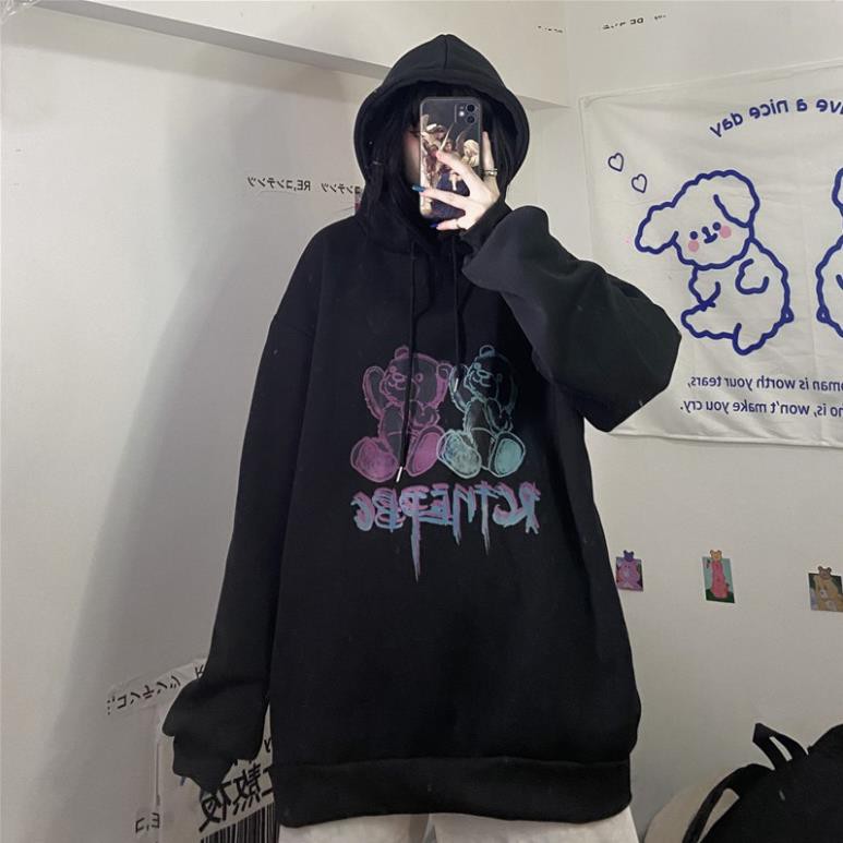 Áo hoodie nữ MADELA unisex form rộng hình gấu dễ thương, hoodie nữ unisex form rộng có mũ thời trang cá tính UNA09