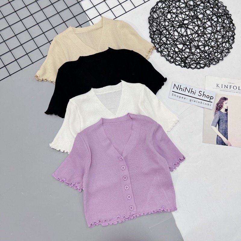 Áo len croptop cổ V cài cúc ngắn tay, Áo kiểu dáng ngắn cổ tim AL5114 - NhiNhi Shop