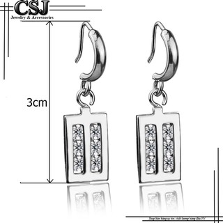 Bông tai inox nữ tòn ten hình chữ nhật kẹp 2 dãy xoàn lung linh
