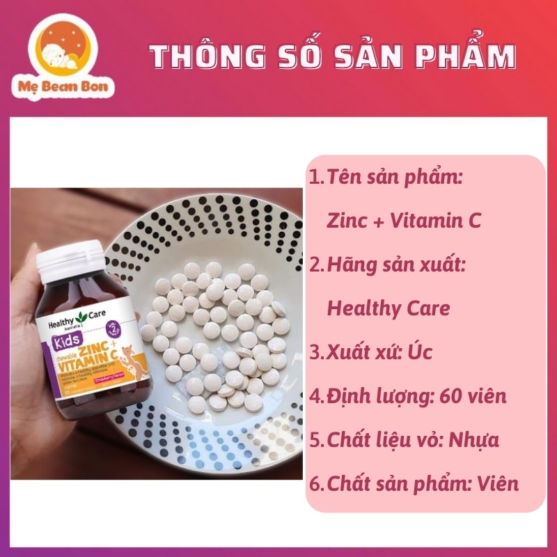 Viên nhai bố sung kẽm Healthy Care Zinc + Vitamin C (60v), Úc