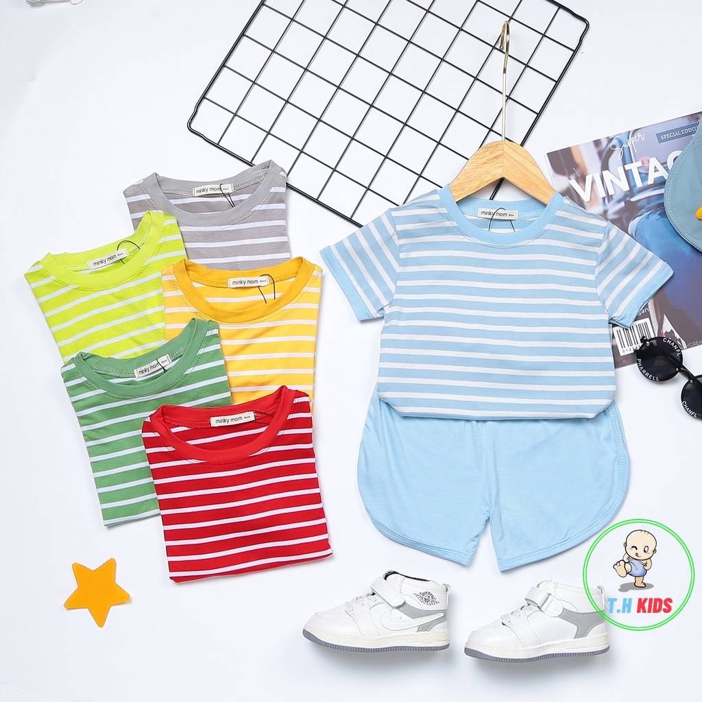 [Bé 7-27kg] Bộ tay ngắn quần đùi thun lạnh sọc dệt MINKY MOM cho bé trai bé gái từ 7-27kg