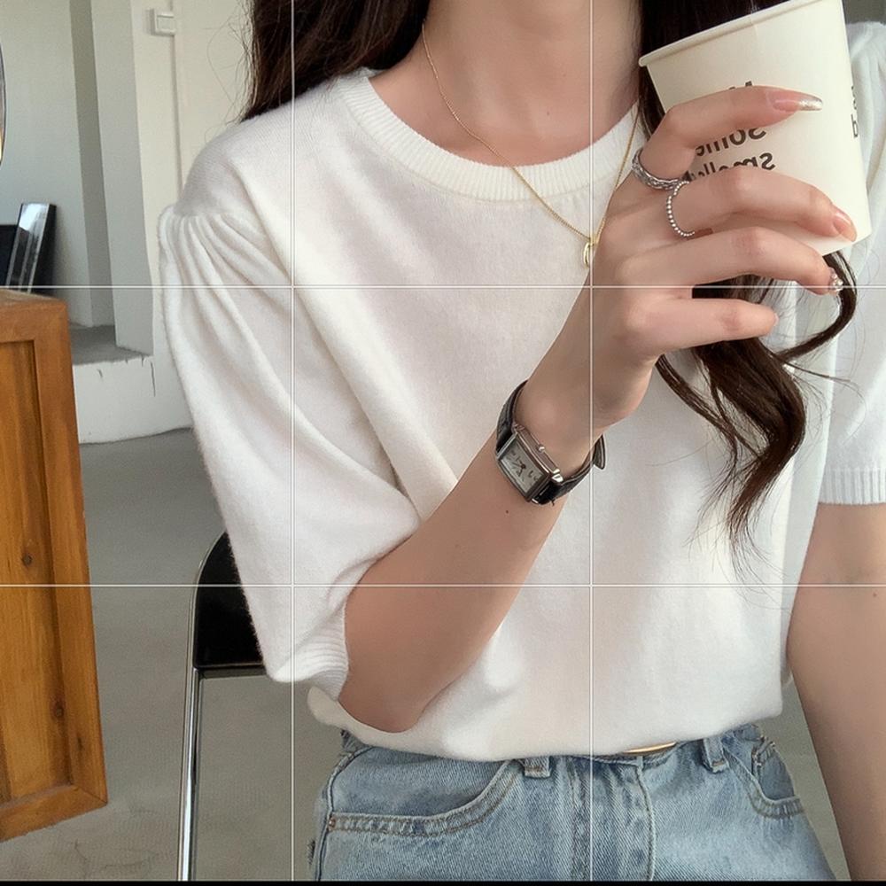 Áo Thun Dệt Kim Tay Ngắn Cổ Tròn Màu Trơn Phong Cách Mới 50195