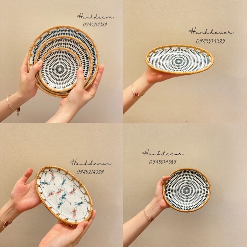Đĩa sứ viền mây HANHDECOR, Đĩa trang trí bằng sứ, đĩa sứ bọc mây men dày dặn phong cách Nhật Bản