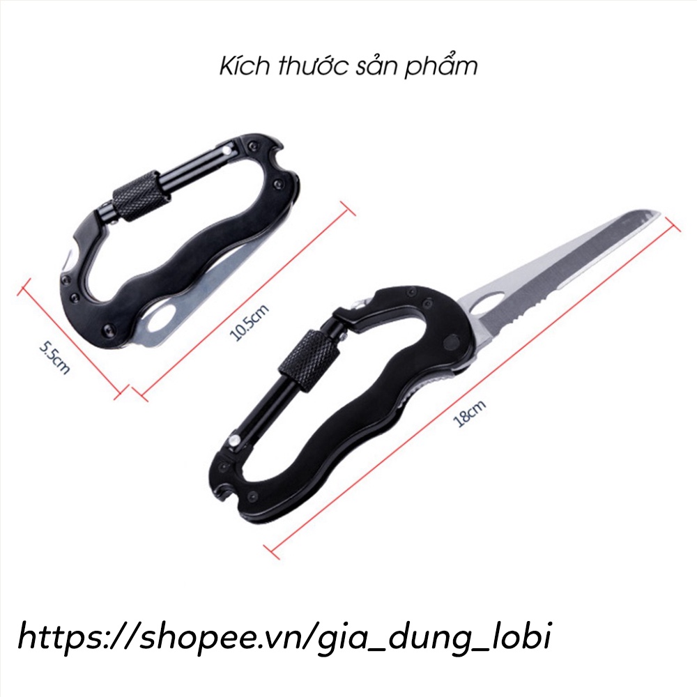 Móc khoá chữ D Carabiner phụ kiện dã ngoại 4in1 móc chìa khoá, tua vít, mở nắp chai, dao cắt chất liệu hợp kim cao cấp