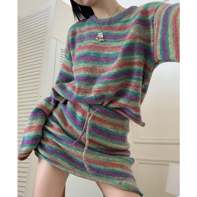 Set Áo Len Tay Dài Kẻ Sọc Phối Chân Váy Rút Dây Thời Trang Cho Nữ