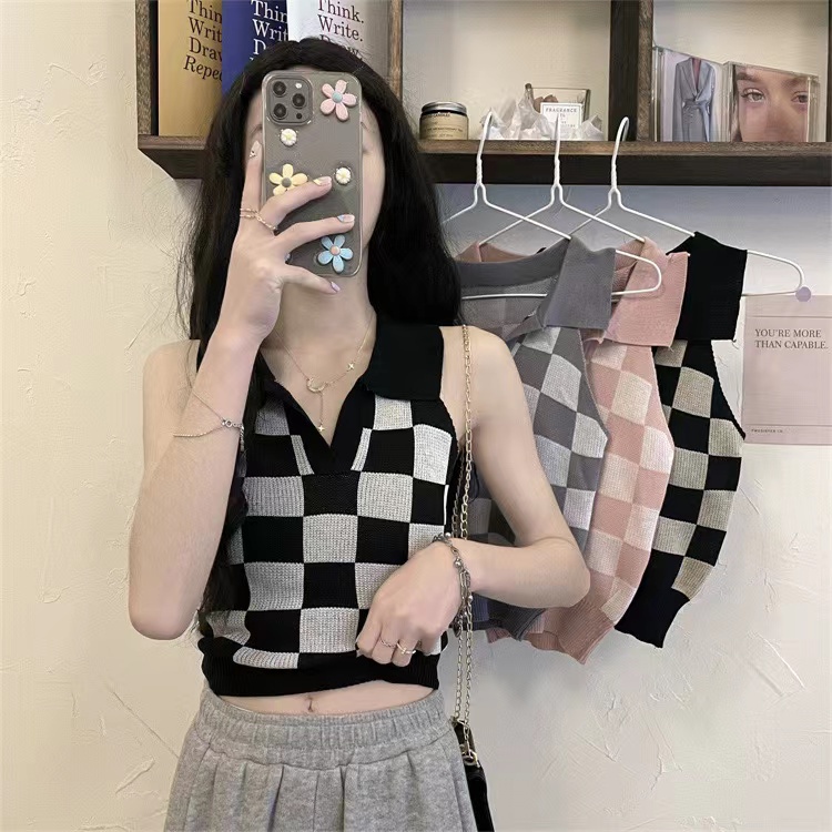 Áo sơ mi dệt kim cổ Polo một J121 không tay phong cách Hàn Quốc Áo thun nữ kẻ sọc