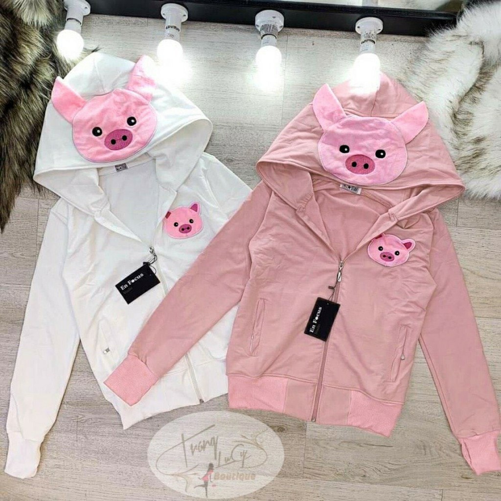Áo Khoác Nữ Da Cá Thêu Nón Con Heo KUTE-Có Ảnh Thật