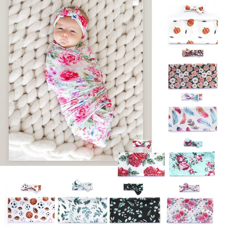 Chăn Quấn Em Bé In Họa Tiết Dễ Thương Kèm Băng Đô Tiện Dụng