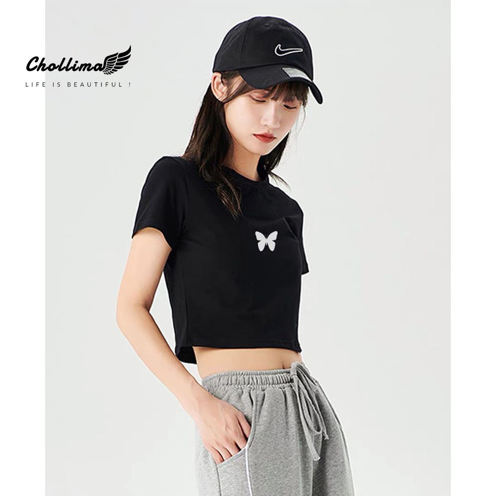 Áo thun croptop tay lỡ Chollima in hình CON BƯỚM AT453 chất vãi dày dặn co giãn 4 chiều