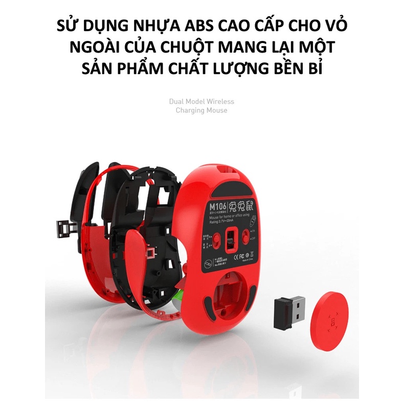 Chuột không dây M106 kết nối bằng Bluetooth và chip 2.4G siêu tiết kiệm pin, màu sắc cá tính thiết kế nhỏ gọn