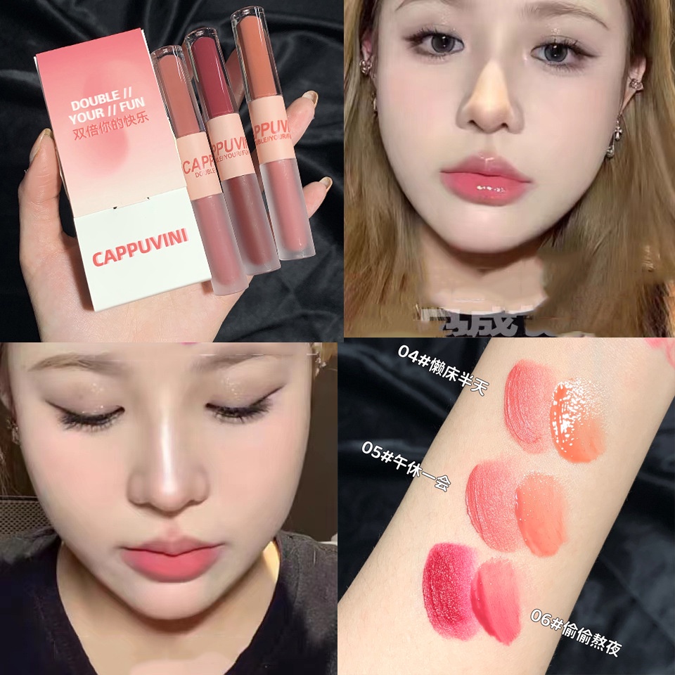 Son Kem 2 Đầu Cappuvini Set 1/3 Hai Đầu Cho Màu Lì Nhẹ Nhàng Và Kháng Nước Hiệu nude 3D chống thấm nước 2 trong 1 thời trang
